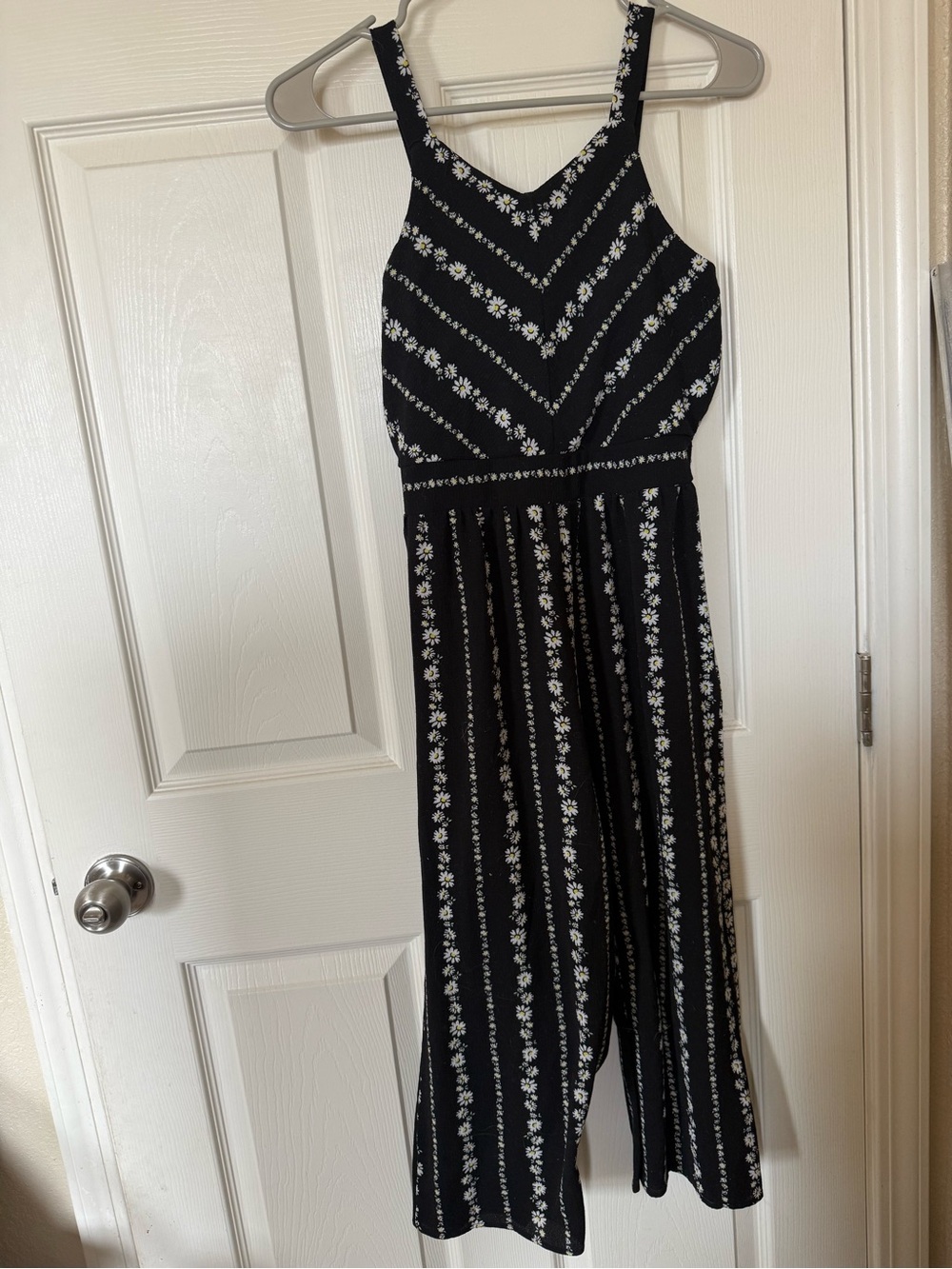 Black Floral-Stripe Girls' Jumpsuit